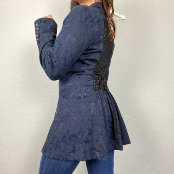 Free People Navy Blue Jacquard Lace Corset Back Victorian Boho buttoned Blazer - Picture 4 of 14